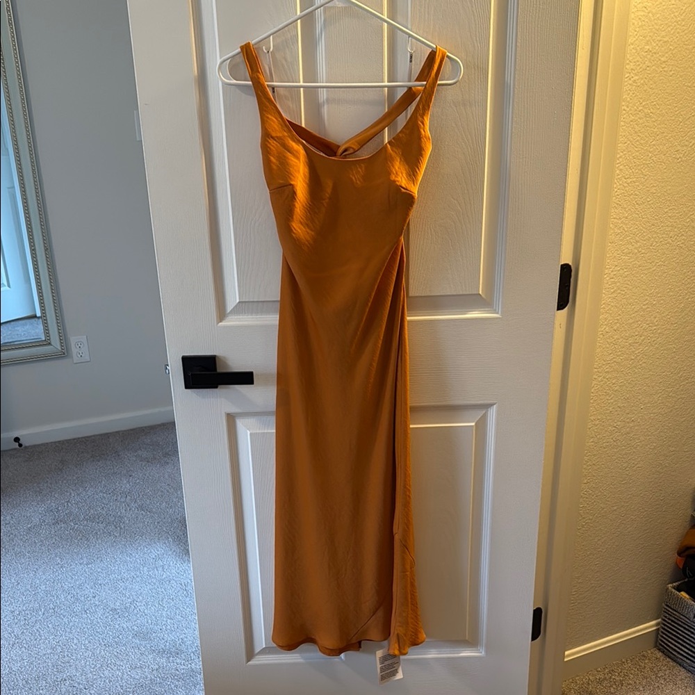 Gold Backless Slip Dress with Spaghetti Straps for Weddings